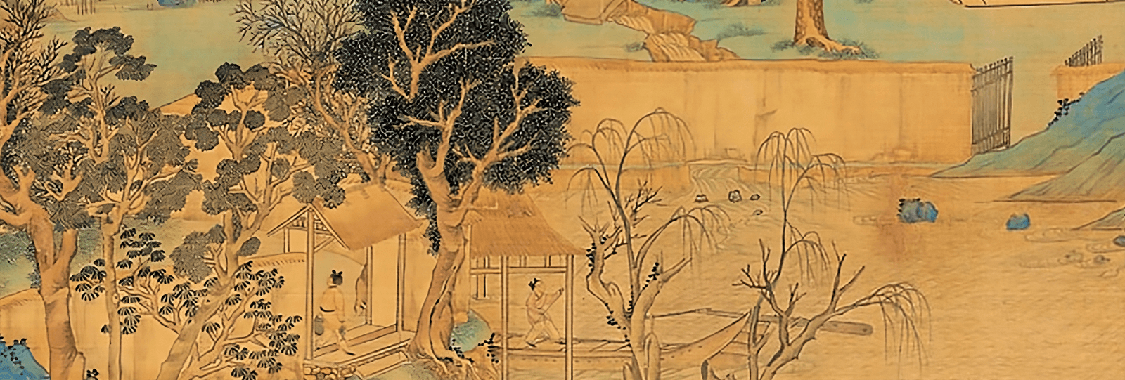 Peinture chinoise traditionnelle : pavillons et arbres dans un paysage